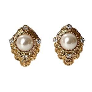 1980s Kenneth Jay Lane for AVON Gold Plate Rhinestone Pearl Stud Earrings